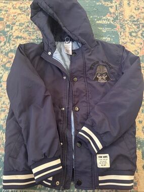 Star Wars Navy Hooded Puffer Jacket with Light Blue Lining. Sold As Is